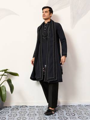 NAVY BLUE VISCOSE SILK THREAD & SEQUINS EMBROIDERED WORK FUNCTION FESTIVAL MARRIAGE PARTY WEAR STRAIGHT KURTA DUPATTA 10