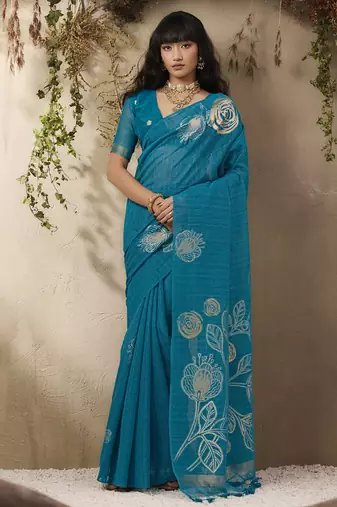 Sky blue munga silk handloom weaving saree