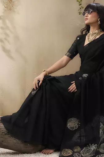 Black munga silk handloom weaving saree