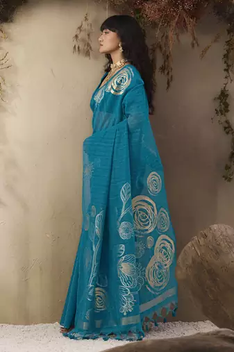 Sky blue munga silk handloom weaving saree