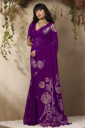 Dark purple munga silk handloom weaving saree