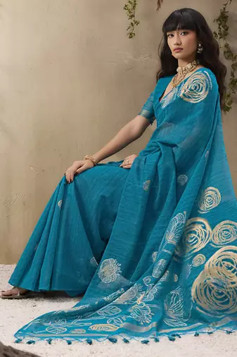 Sky blue munga silk handloom weaving saree