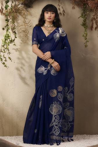 Navy blue munga silk handloom weaving saree