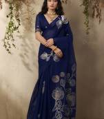 Navy blue munga silk handloom weaving saree