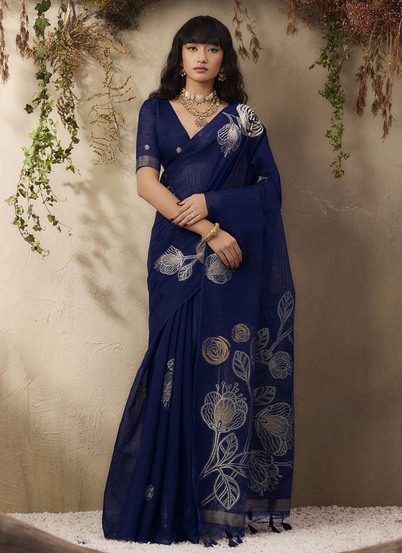 Navy blue munga silk handloom weaving saree