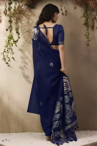 Navy blue munga silk handloom weaving saree