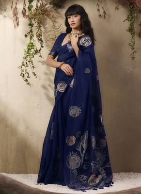 Navy blue munga silk handloom weaving saree 3