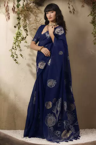 Navy blue munga silk handloom weaving saree
