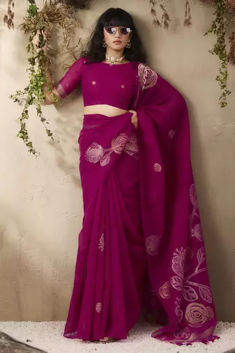 Rani pink munga silk handloom weaving saree