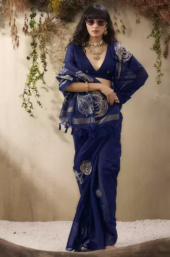 Navy blue munga silk handloom weaving saree