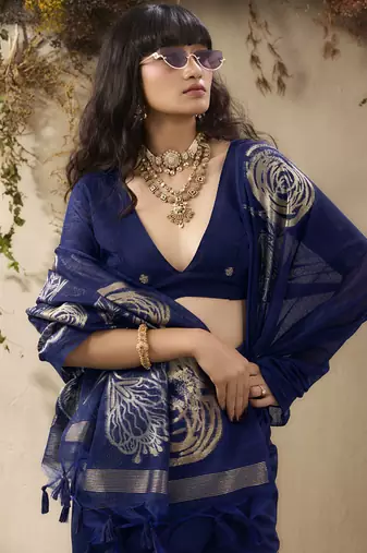 Navy blue munga silk handloom weaving saree