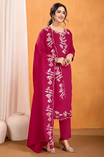Rani pink vichitra silk designer festive wear kurti pant and duppta with embroidery work