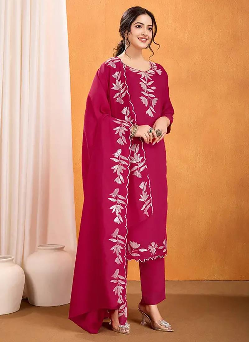 Rani pink vichitra silk designer festive wear kurti pant and duppta with embroidery work