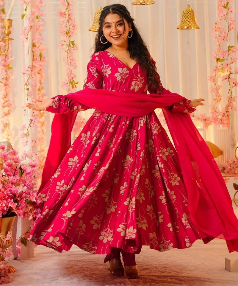Trending party wear anarkali rayon silk rani pink leaf suit set