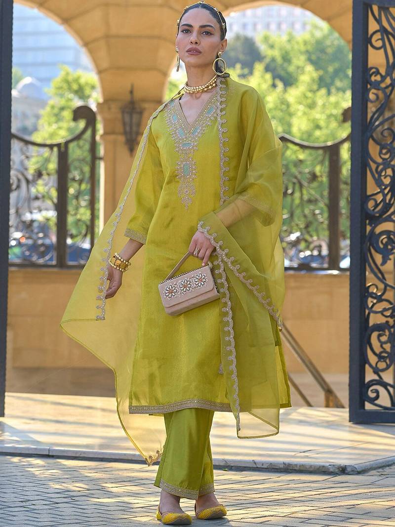 Pear georgette embroidered straight kurta trousers with dupatta set