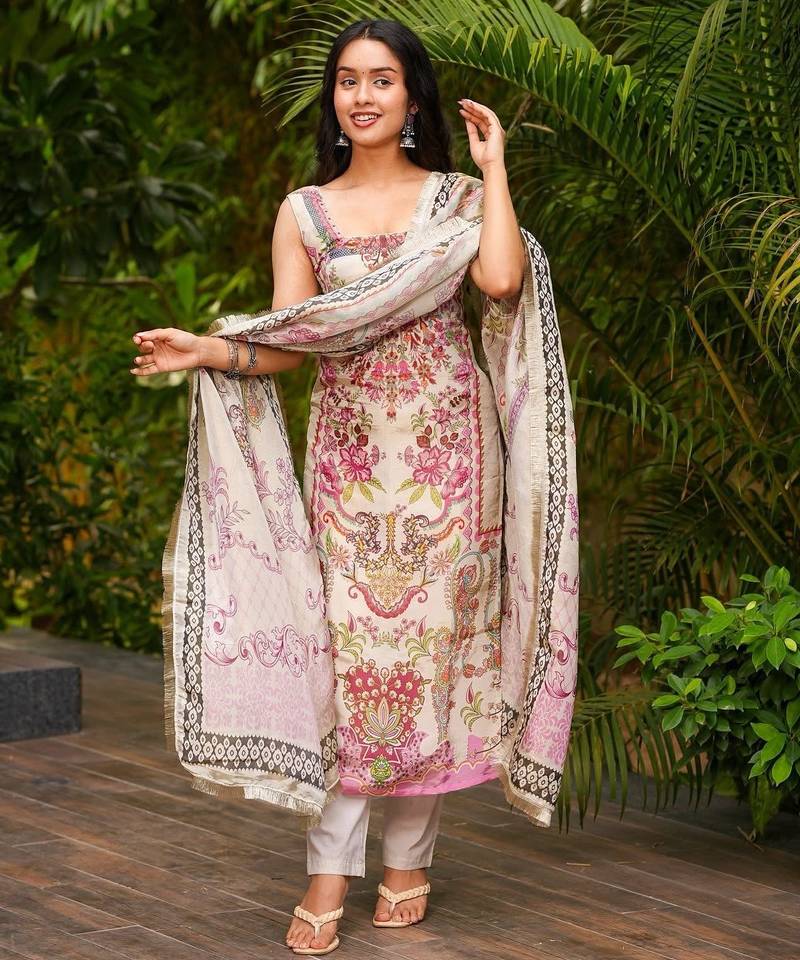 Salwar kameez printed pure crepe in cream