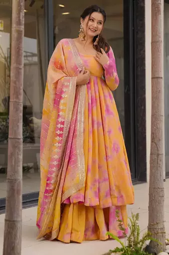Orange & pink elegant chinon silk set with digital print & embroidery ready-to-wear top, plazzo & dupatta