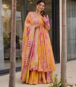 Orange & pink elegant chinon silk set with digital print & embroidery ready-to-wear top, plazzo & dupatta