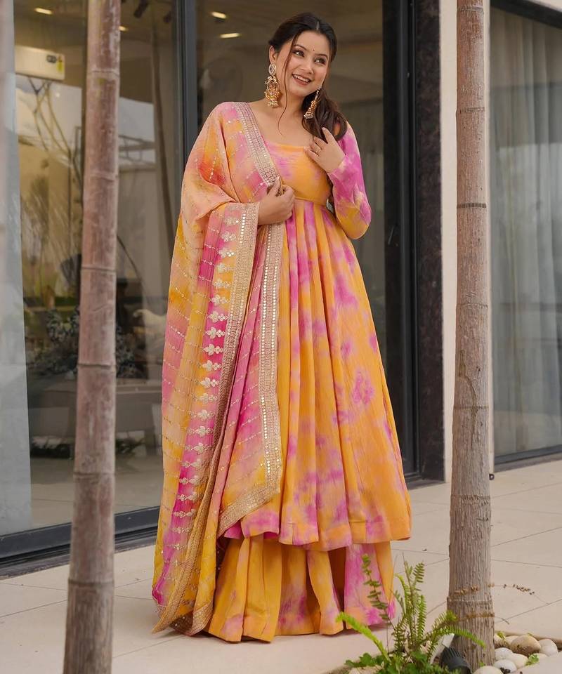 Orange & pink elegant chinon silk set with digital print & embroidery ready-to-wear top, plazzo & dupatta