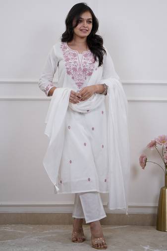 White embroidered chanderi salwar kameez