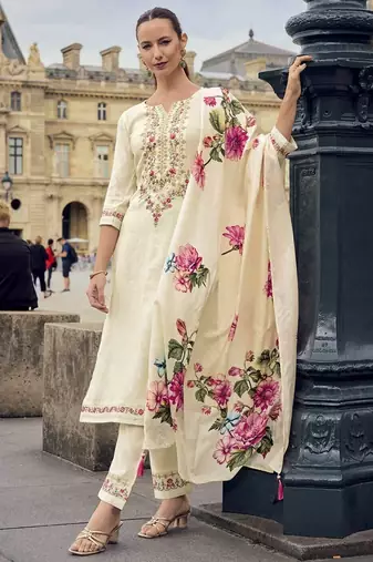 Viscose jacquard embroidered cream trendy salwar kameez