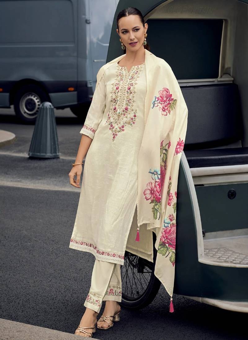 Viscose jacquard embroidered cream trendy salwar kameez