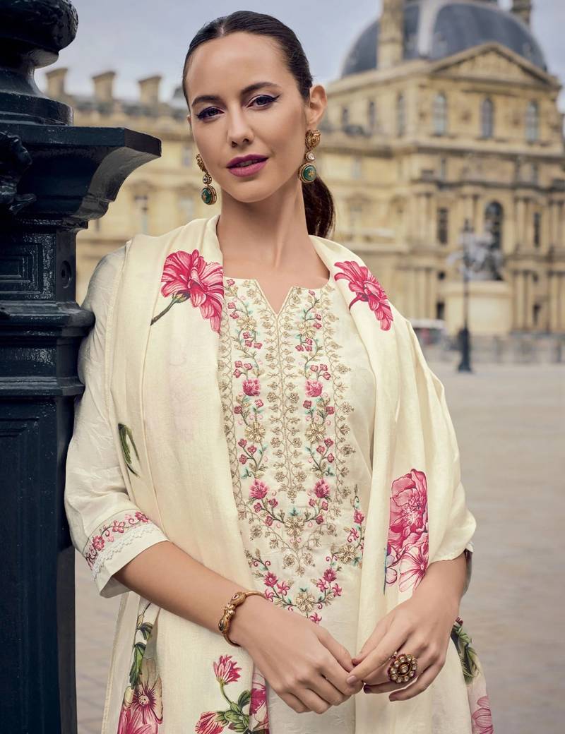 Viscose jacquard embroidered cream trendy salwar kameez