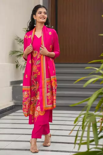 Printed rani pink silk readymade salwar kameez