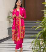 Printed rani pink silk readymade salwar kameez