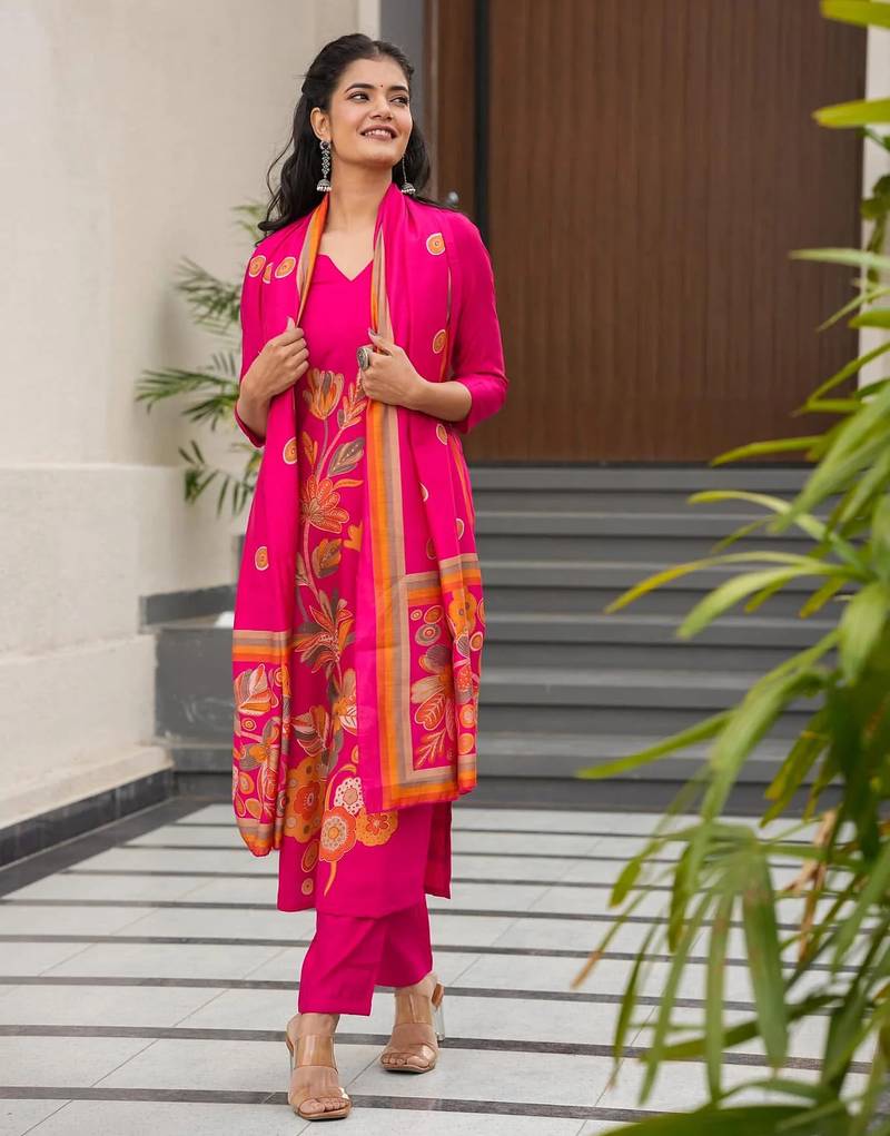 Printed rani pink silk readymade salwar kameez