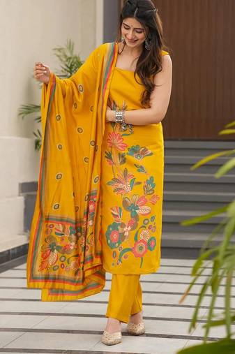 Printed mustard silk readymade salwar kameez