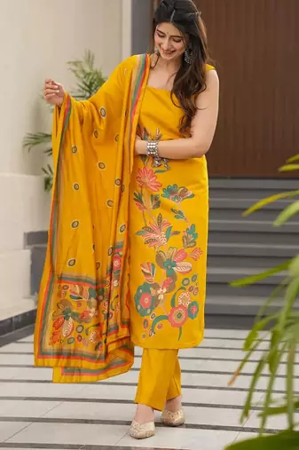 Printed mustard silk readymade salwar kameez