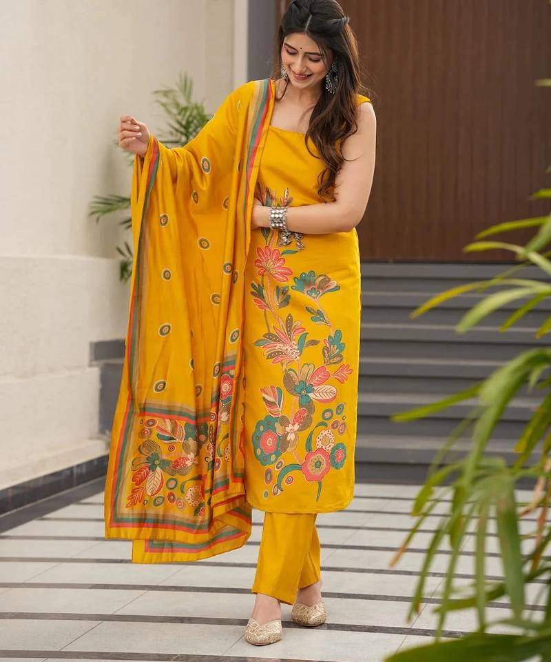 Printed mustard silk readymade salwar kameez