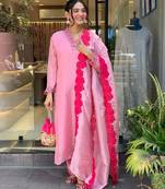 Women pink embroidered chanderi viscose kurta set with dupatta