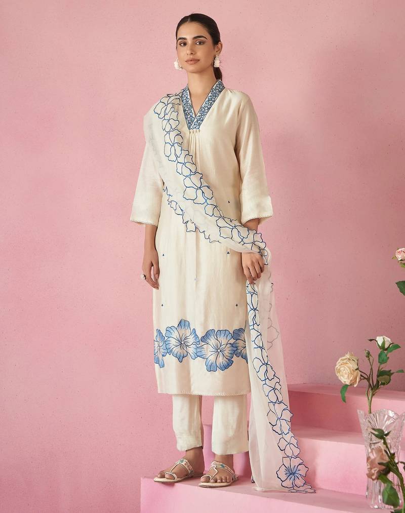 Off white embroidered viscose rayon straight kurta set with dupatta