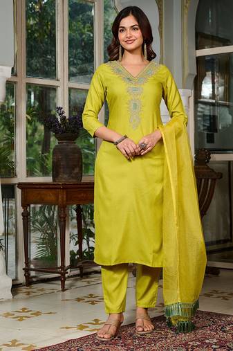 Fancy viscose rayon embroidery work salwar kameez in lemon