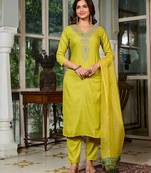 Fancy viscose rayon embroidery work salwar kameez in lemon