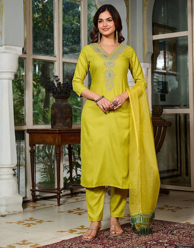Fancy viscose rayon embroidery work salwar kameez in lemon