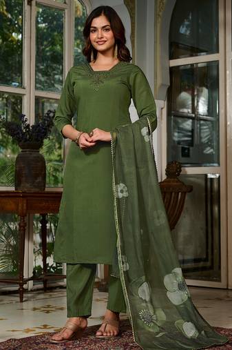 Embroidered work viscose chanderi salwar suit in dark green color