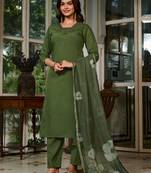 Embroidered work viscose chanderi salwar suit in dark green color
