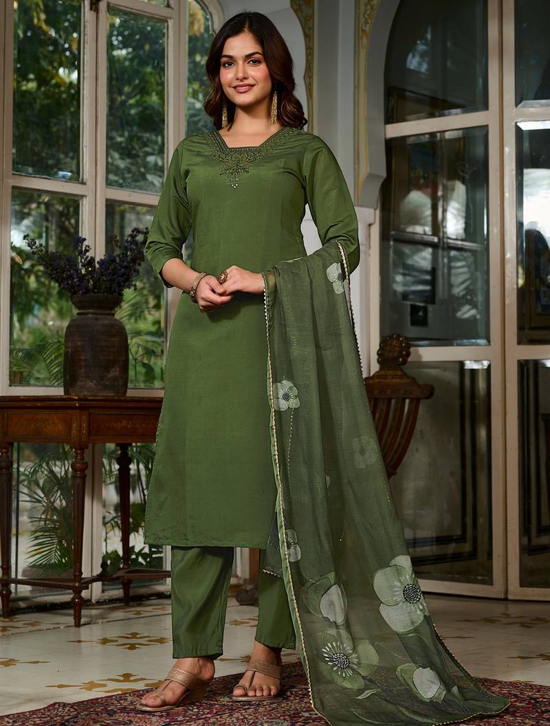 Embroidered work viscose chanderi salwar suit in dark green color