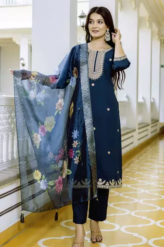 Navy blue embroidered viscose salwar suit