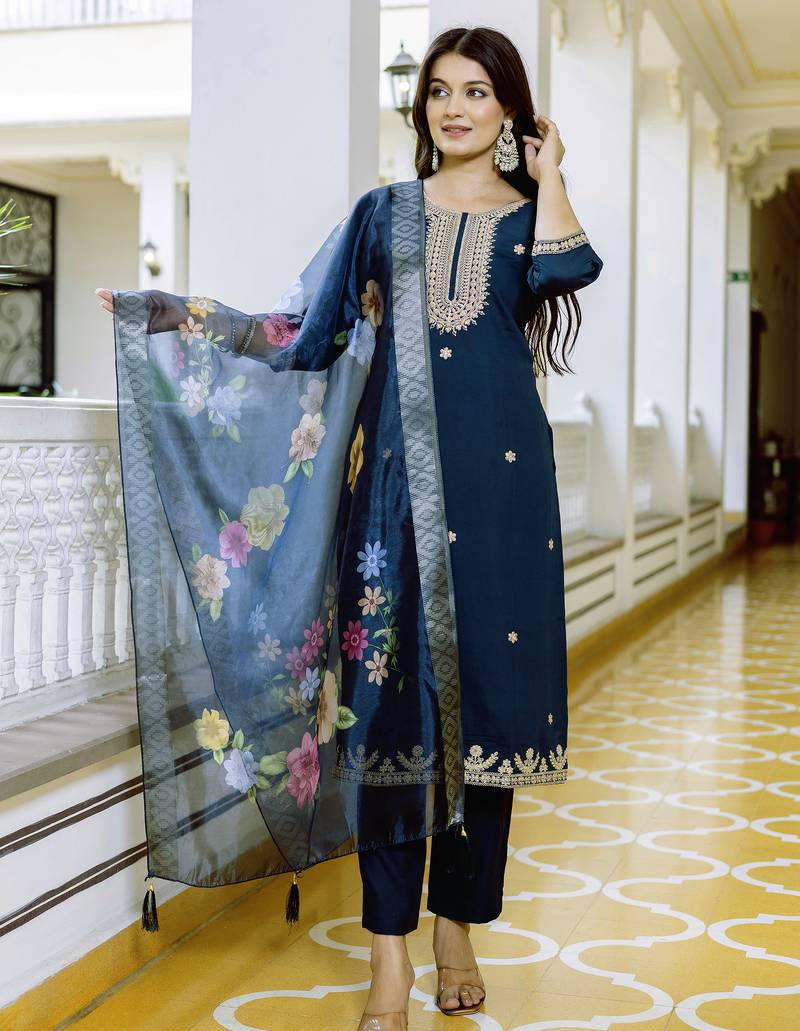 Navy blue embroidered viscose salwar suit