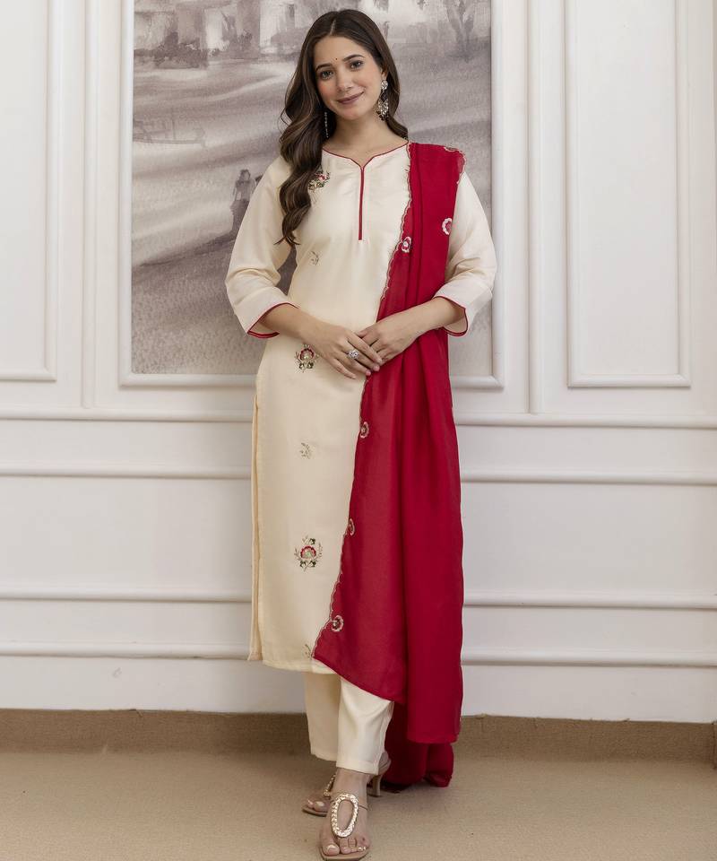 Chanderi off white embroidered salwar kameez