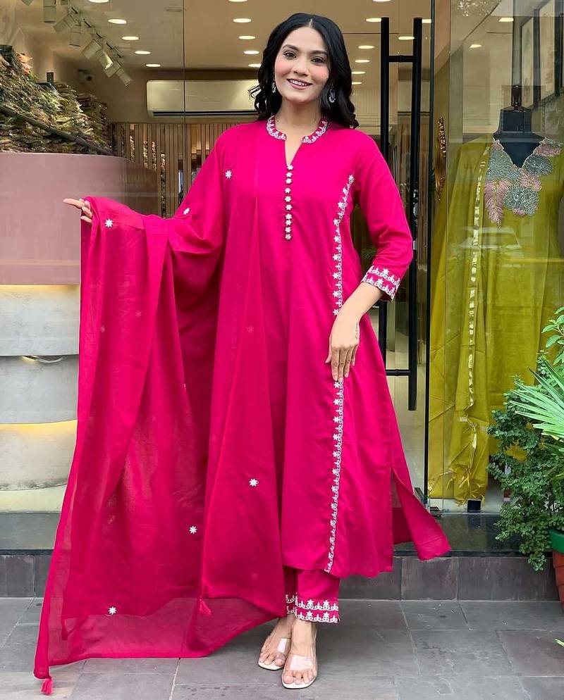 Rani pink embroidered chanderi readymade suit set