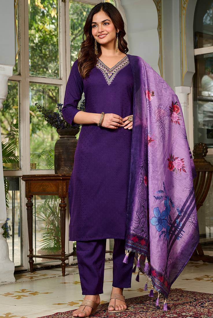Purple viscose rayon embroidered readymade salwar kameez