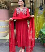 Embroidered chanderi salwar suit in red