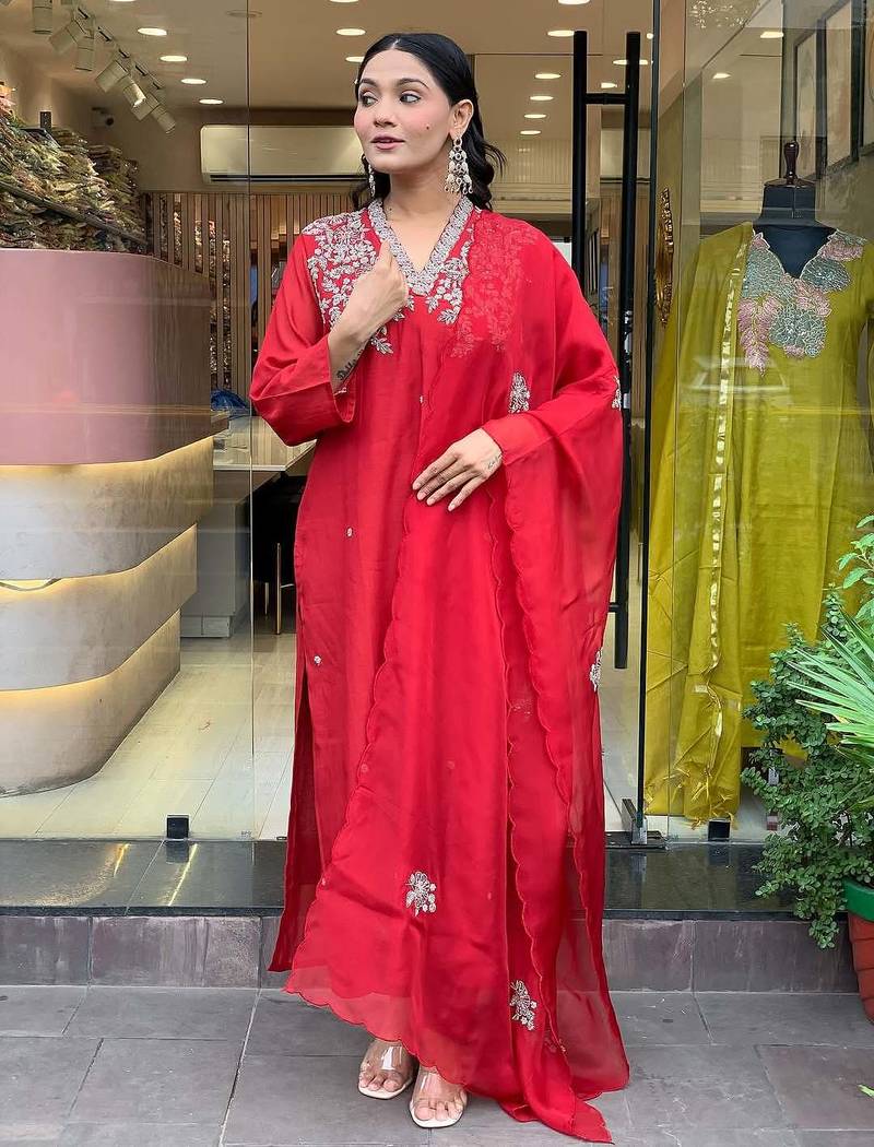 Embroidered chanderi salwar suit in red