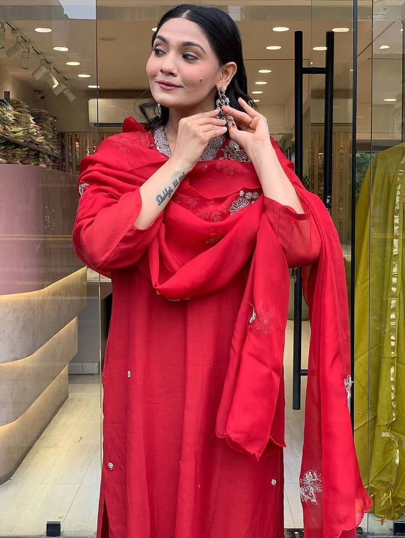 Embroidered chanderi salwar suit in red