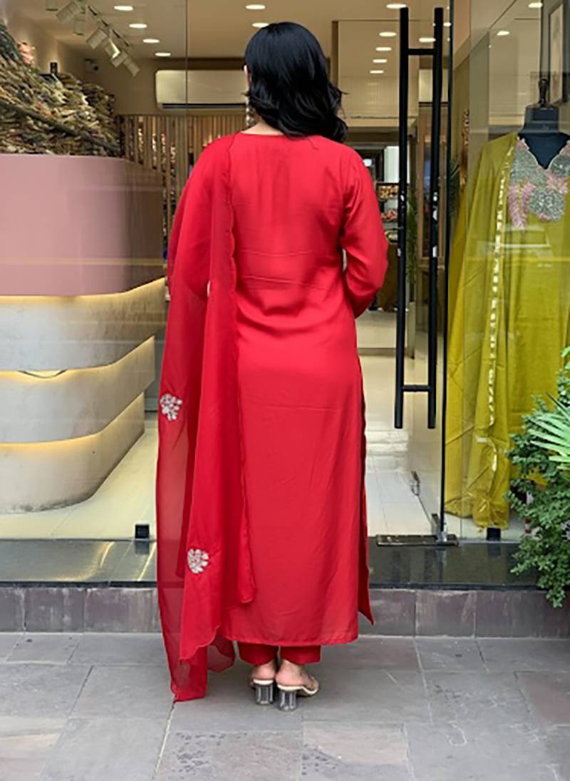 Embroidered chanderi salwar suit in red